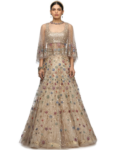 Embellished Cape with Hand Embroidery- Grey
