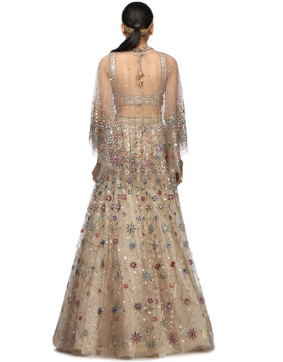 Embellished Cape with Hand Embroidery- Grey