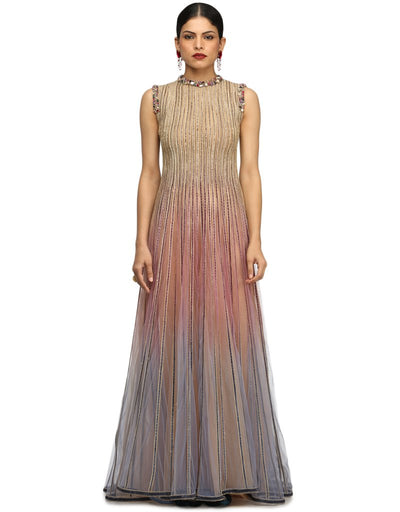 Tulle Kalidar Kurta with Churidar- Beige Lilac Tanzanite