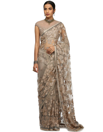 Hand-Embroidered Saree Set- Grey