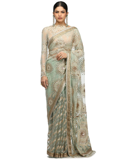 Embroidered Tulle Saree- Aqua