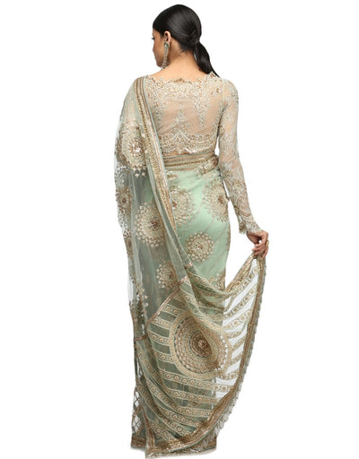Embroidered Tulle Saree- Aqua