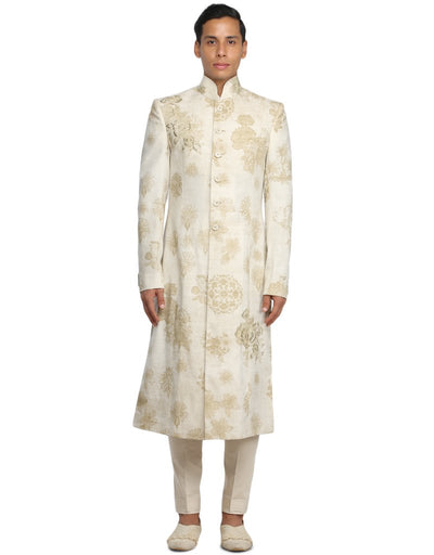 Printed Sherwani with Kurta & Trousers- Salmon