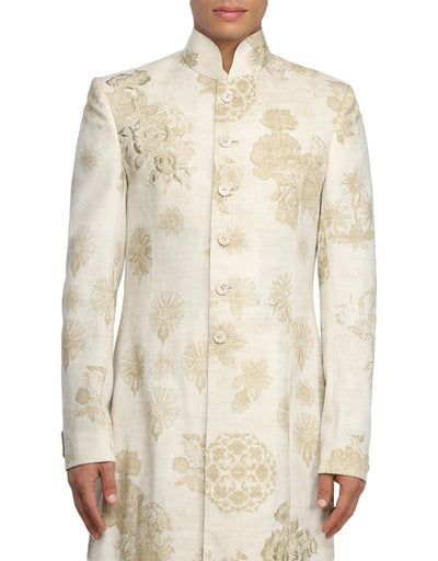 Printed Sherwani with Kurta & Trousers- Salmon