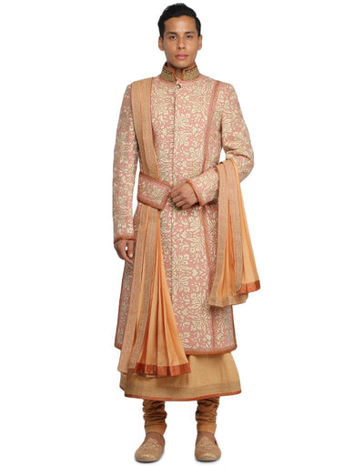 Sherwani with Pre-Pleated Stole & Kamarbandh - Salmon