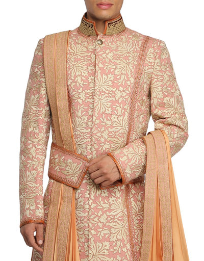 Sherwani with Pre-Pleated Stole & Kamarbandh - Salmon