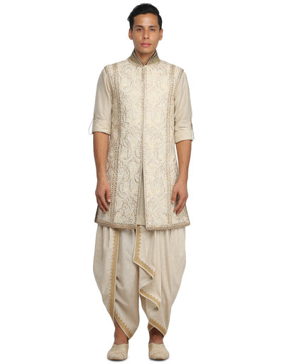 Sleevless Sherwani with Dhoti- Ivory