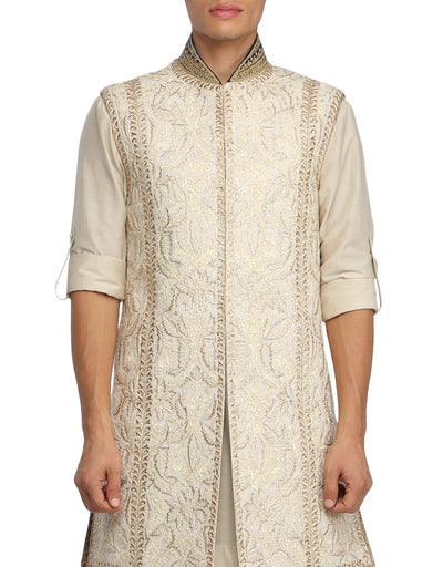 Sleevless Sherwani with Dhoti- Ivory