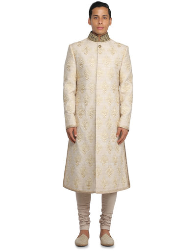 Silk Embroidered Sherwani Set- Ivory