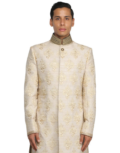 Silk Embroidered Sherwani Set- Ivory