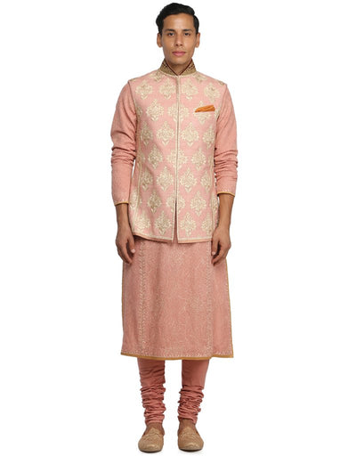 Embroidered Silk Nehru Jacket- Salmon