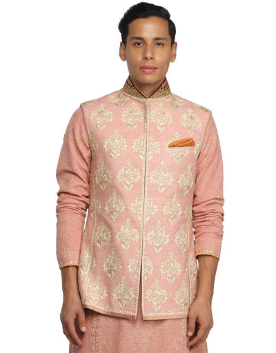 Embroidered Silk Nehru Jacket- Salmon