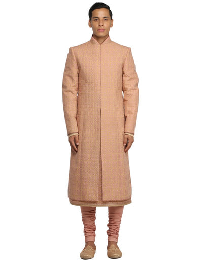 Sherwani Set with Quilted Applique Embroidery- Pumpkin