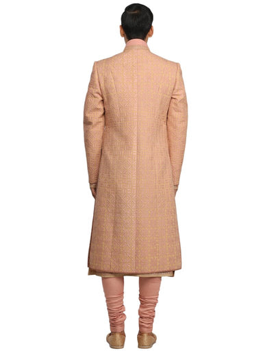 Sherwani Set with Quilted Applique Embroidery- Pumpkin