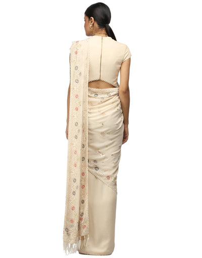 Drape Embroidered Saree- Ivory