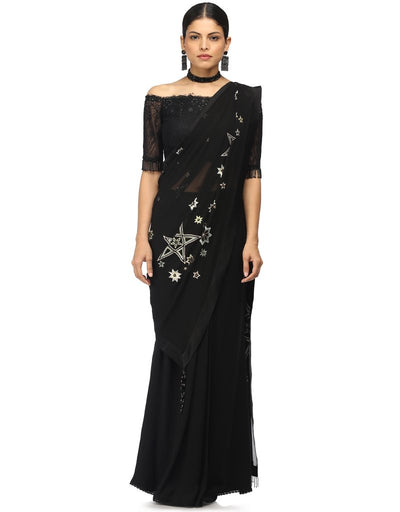 Star Embroidered Saree- Black