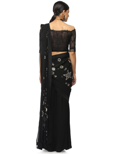 Star Embroidered Saree- Black