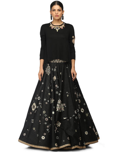 Lehenga with Star & Floral Embroidery- Black