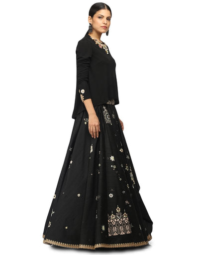 Lehenga with Star & Floral Embroidery- Black