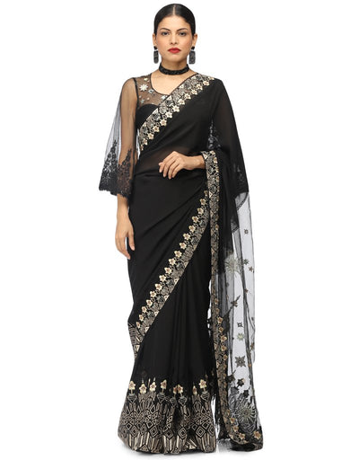 Embroidered Saree with Star & Floral Graphics- Black