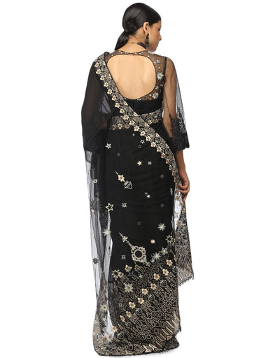 Embroidered Saree with Star & Floral Graphics- Black