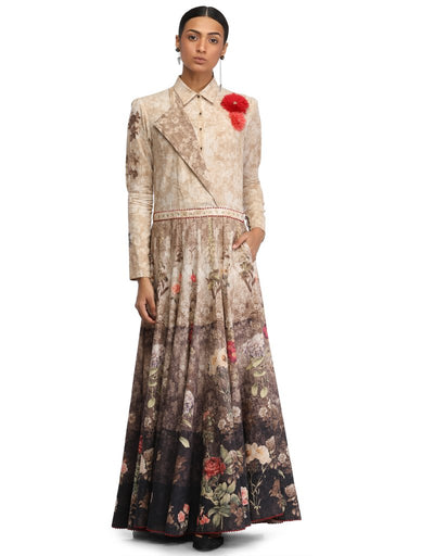 Floral Print Panelled Dress- Beige