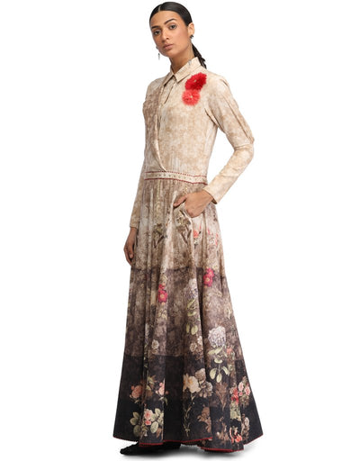 Floral Print Panelled Dress- Beige