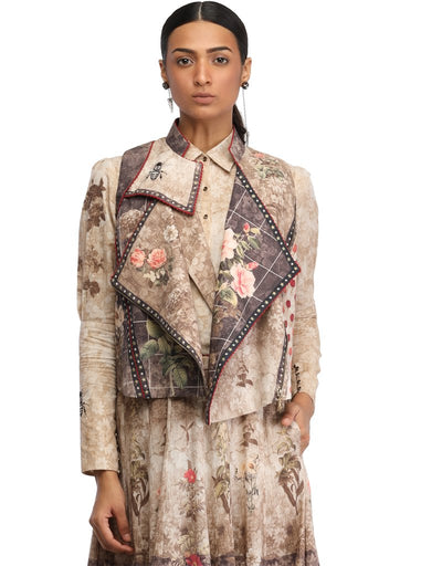 Biker Style Gilet with Star Studded Seam Details- Beige