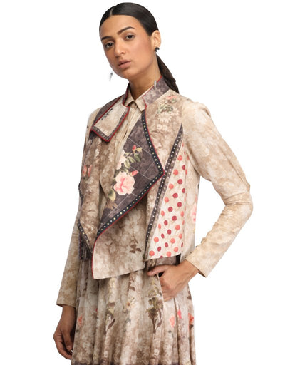 Biker Style Gilet with Star Studded Seam Details- Beige