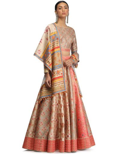 Silk Panelled Lehenga- Red