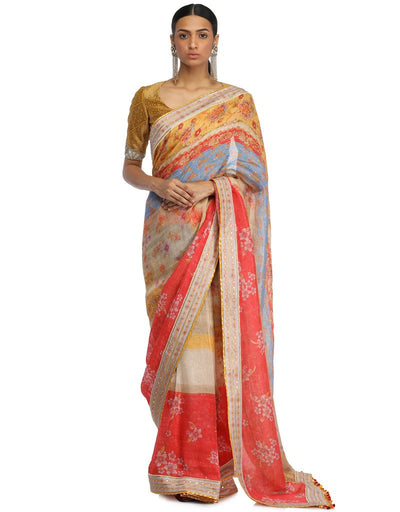 Printed Maheshwari Linen Saree- Red