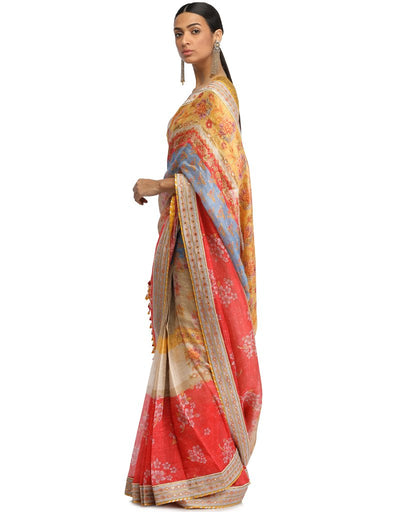 Printed Maheshwari Linen Saree- Red