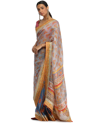 Maheshwari Linen Saree with Embroidered Border- Yellow