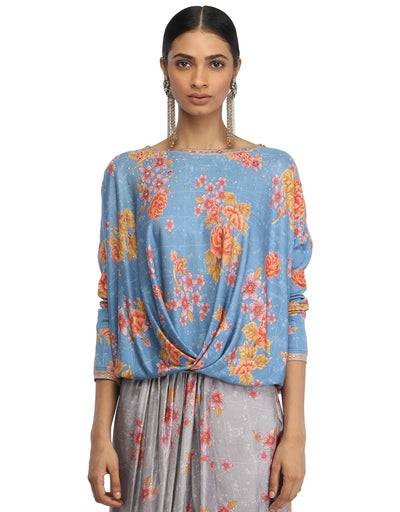 Draped T-Shirt with Bateau Neckline- Blue