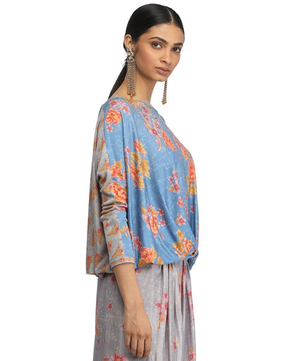 Draped T-Shirt with Bateau Neckline- Blue