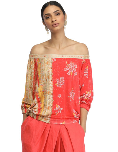 Off-Shoulder T-Shirt- Coral