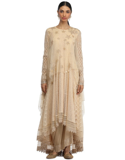 Textured Net Kurta with Dhoti Pants- Antique Beige