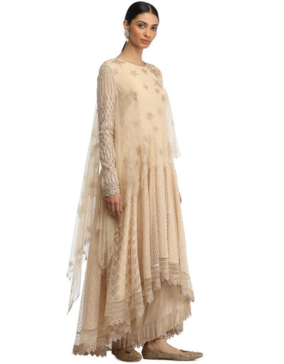 Textured Net Kurta with Dhoti Pants- Antique Beige