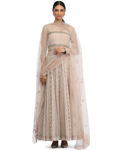 Kurta Set with Star Embroidered Dupatta- Oyster Grey