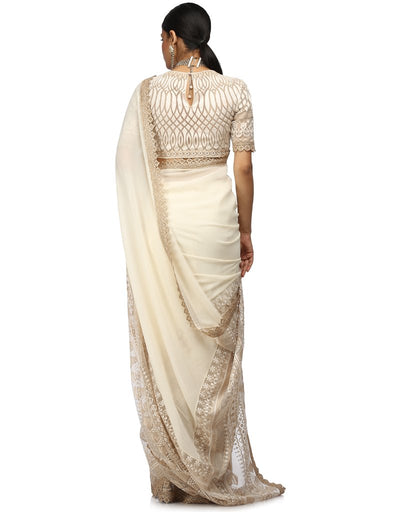 Embroidered Saree with Blouse- Oyster Grey