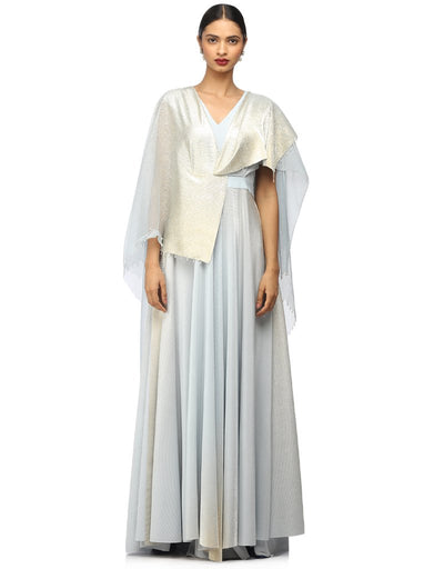 Wide-Leg Jumpsuit with Attached Drape- Ice Blue