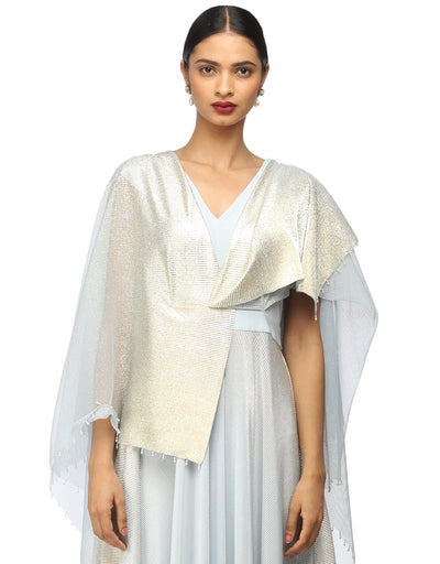 Wide-Leg Jumpsuit with Attached Drape- Ice Blue