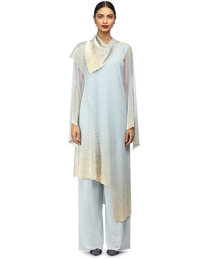 Layered Long Kurta with Wide Leg Pants- Ice Blue