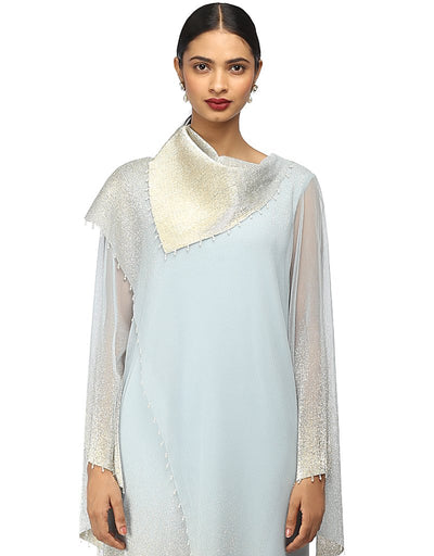 Layered Long Kurta with Wide Leg Pants- Ice Blue