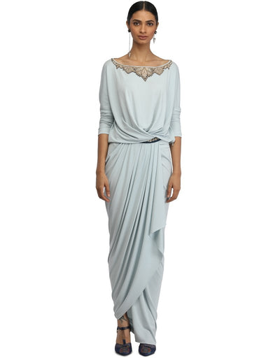 Draped Dress with Embroidered Neckline- Ice Blue