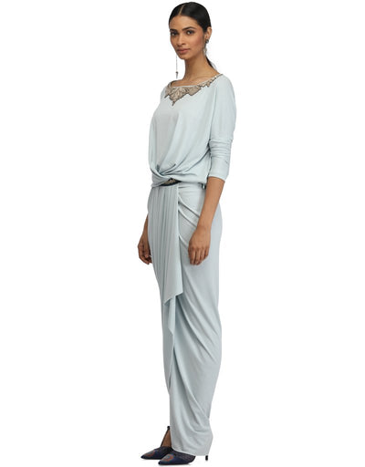 Draped Dress with Embroidered Neckline- Ice Blue