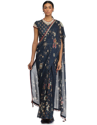 Draped Saree with Embroidered Wasitband- Blue