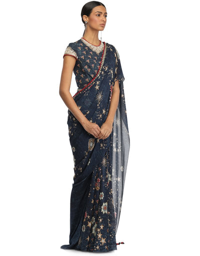 Draped Saree with Embroidered Wasitband- Blue