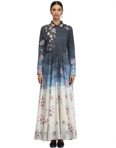 Long Dress with Shirt Detail- Blue