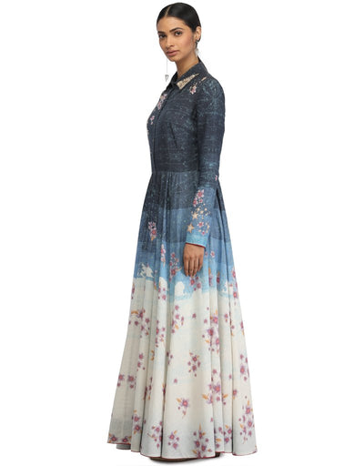 Long Dress with Shirt Detail- Blue